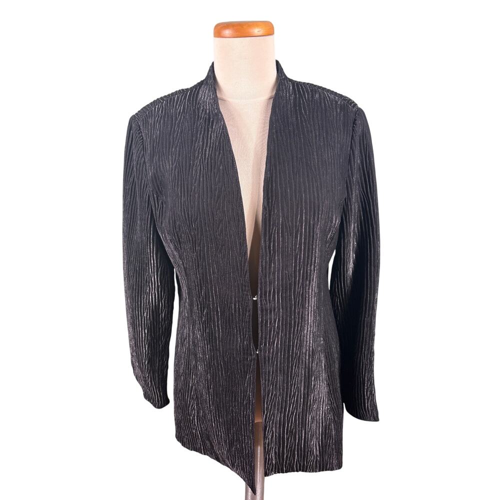 Erin London Open Front Jacket Womens M Black Textured Plissé Metallic Evening